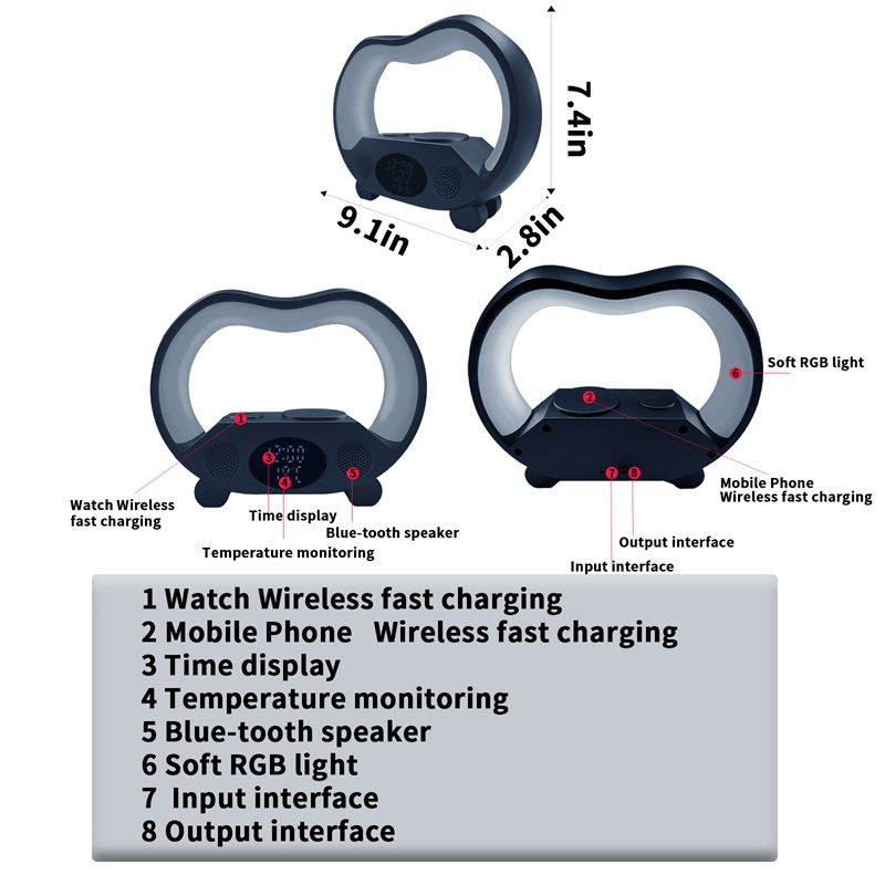 Black electronic device with multiple functions and measurements on a white background