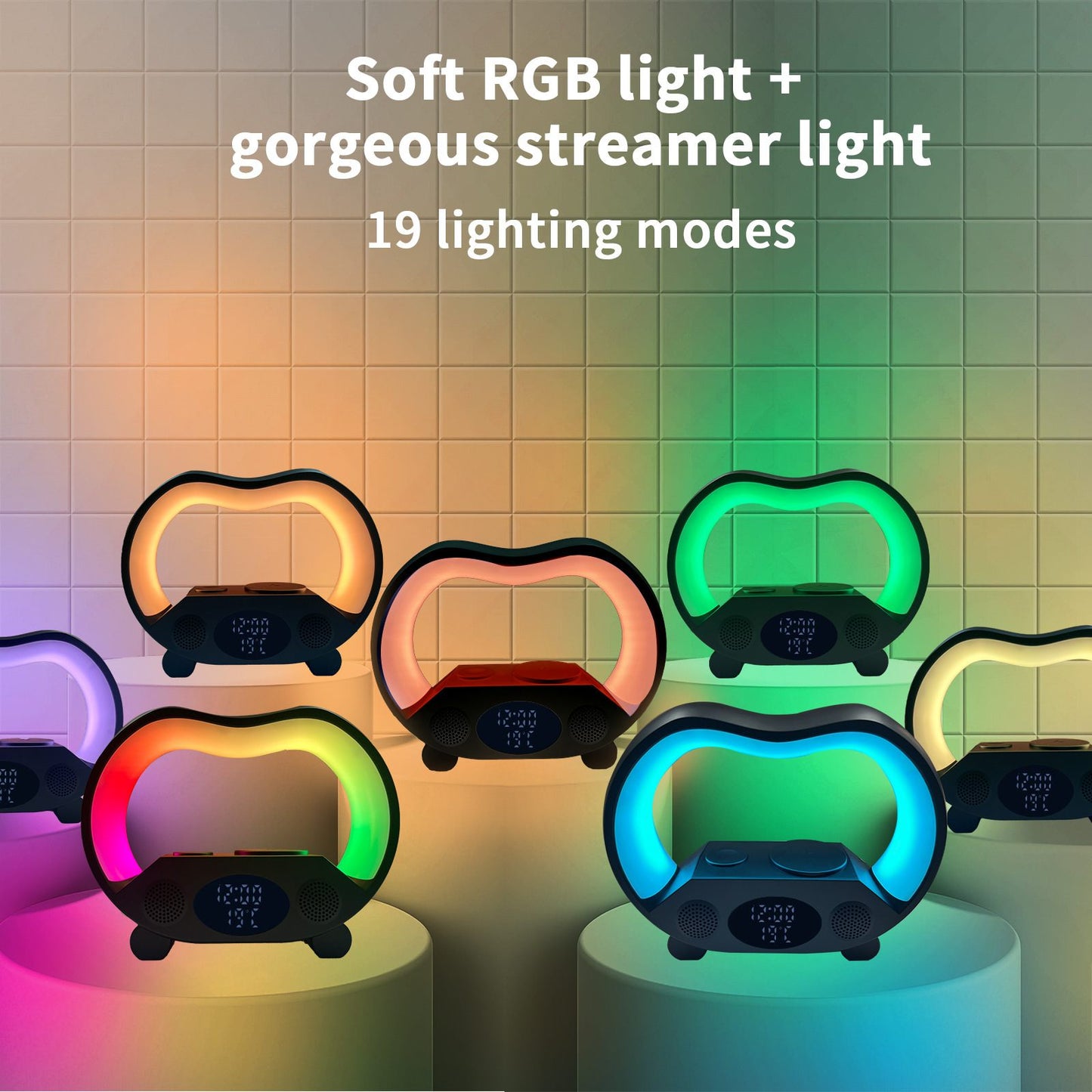 Colorful LED lights with digital displays on a tiled wall background, featuring text about soft RGB light and 19 lighting modes.