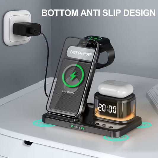 Multi-device wireless charging station with smartphone, AirPods, and digital clock on a desk.