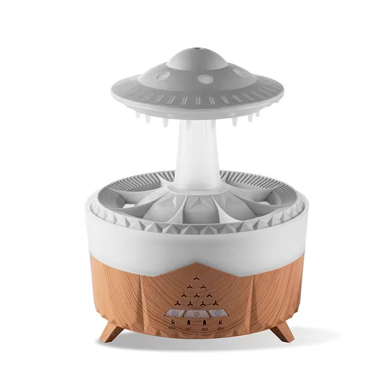 Futuristic-looking device with a gray top and wooden base on a white background