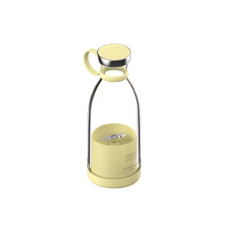 Yellow water bottle with a clear plastic body on a white background