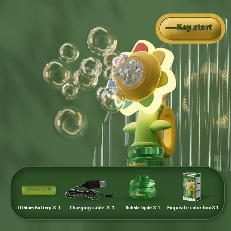 Toy bubble machine with bubbles on a green background, featuring key start button and included items.