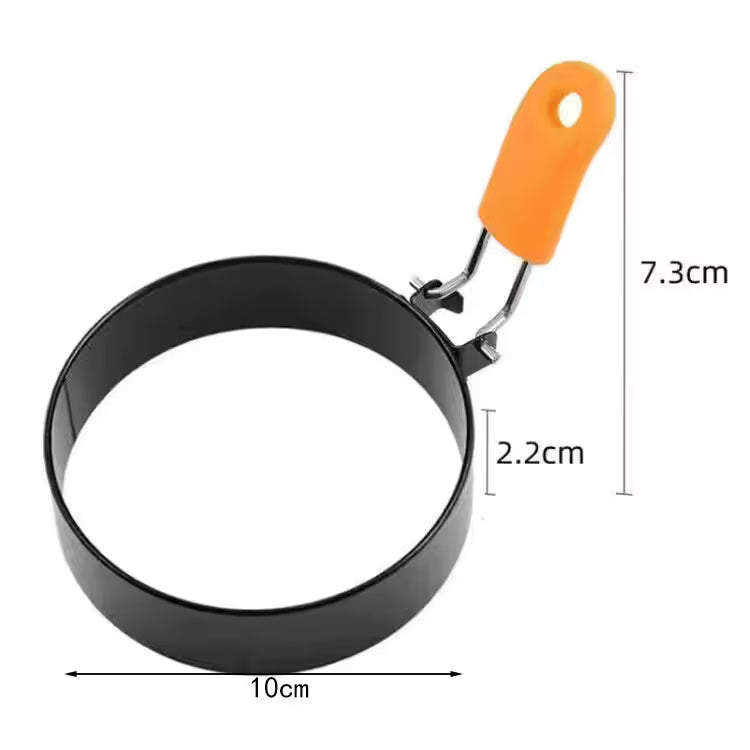 Black metal ring with orange handle and measurements on a white background