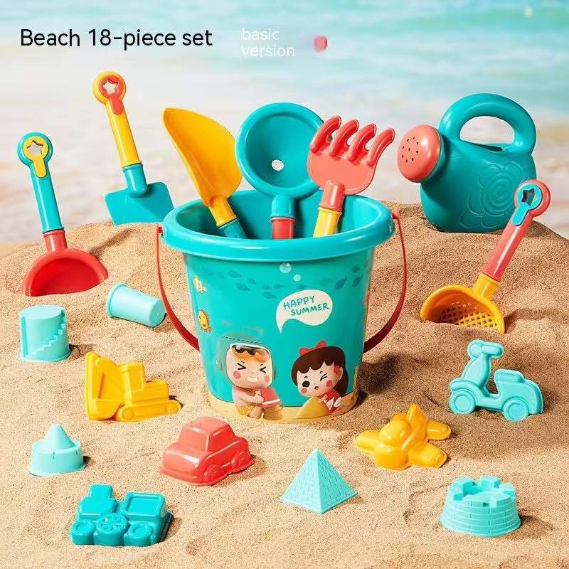 Beach toy set with bucket, shovels, and other tools on a sandy background