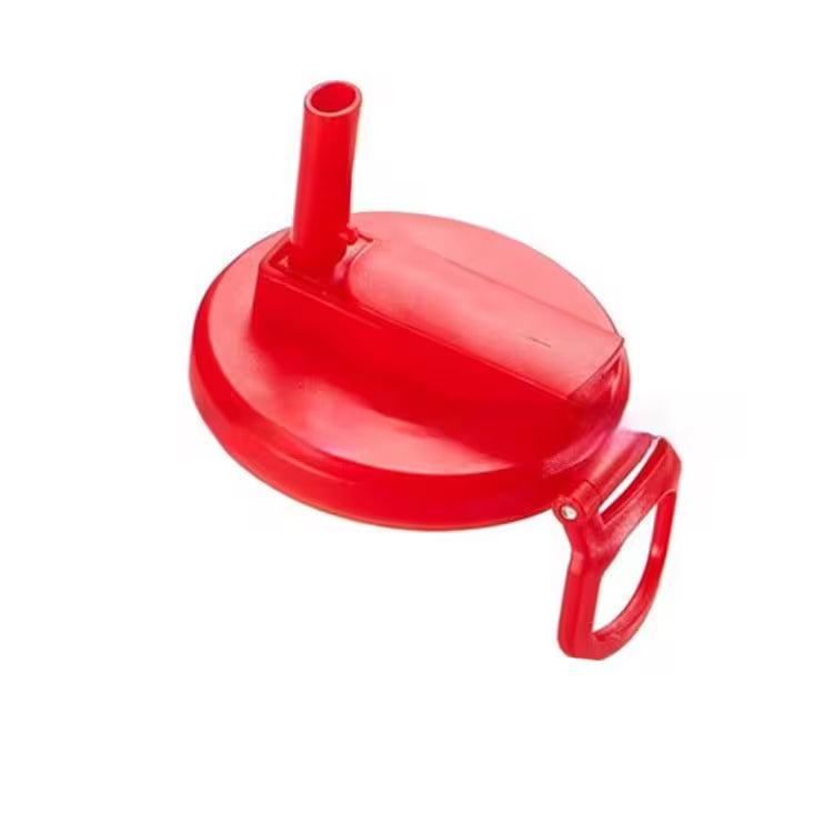 Red plastic funnel with handle on a white background
