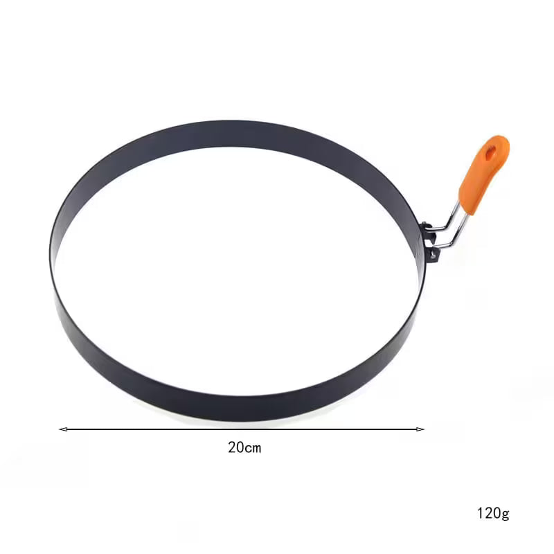 Black ring-shaped tool with an orange handle on a white background