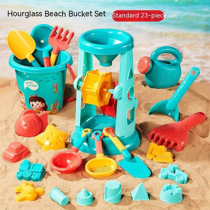 Hourglass Beach Bucket Set with various beach toys on sand