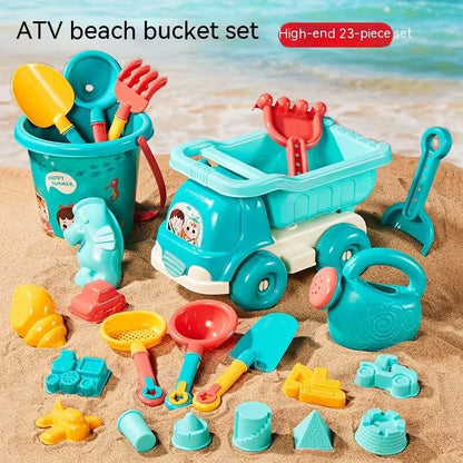 ATV beach bucket set with various beach toys on sand and water background