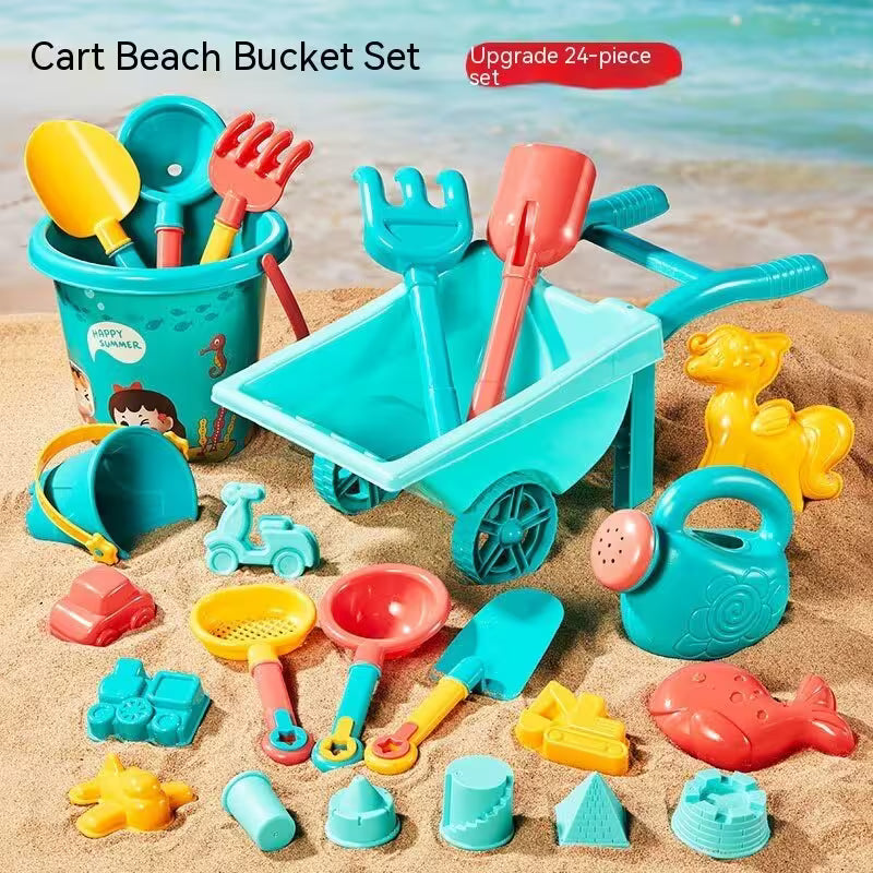 Cart Beach Bucket Set with various beach toys on sand and water background