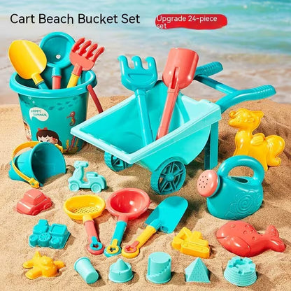 Cart Beach Bucket Set with various beach toys on sand and water background
