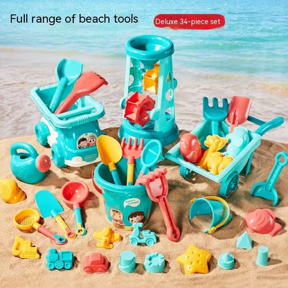 Colorful beach toy set with sand tools on a sandy background