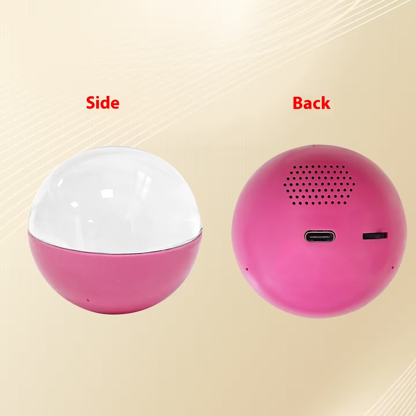 Pink and white spherical device shown from the side and back on a beige background