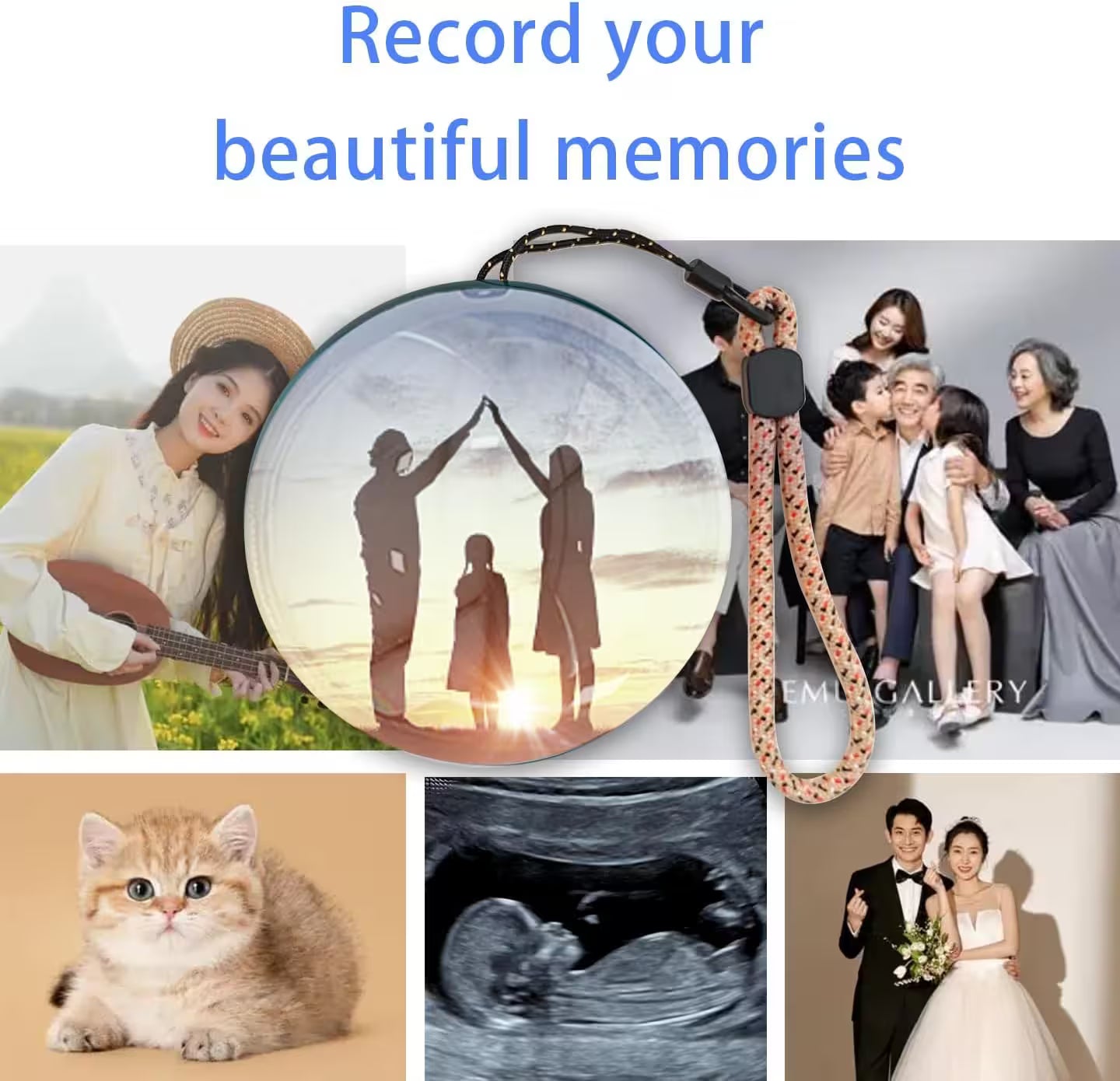 Collage of various images including a couple, a cat, and a family, with text 'Record your beautiful memories'.