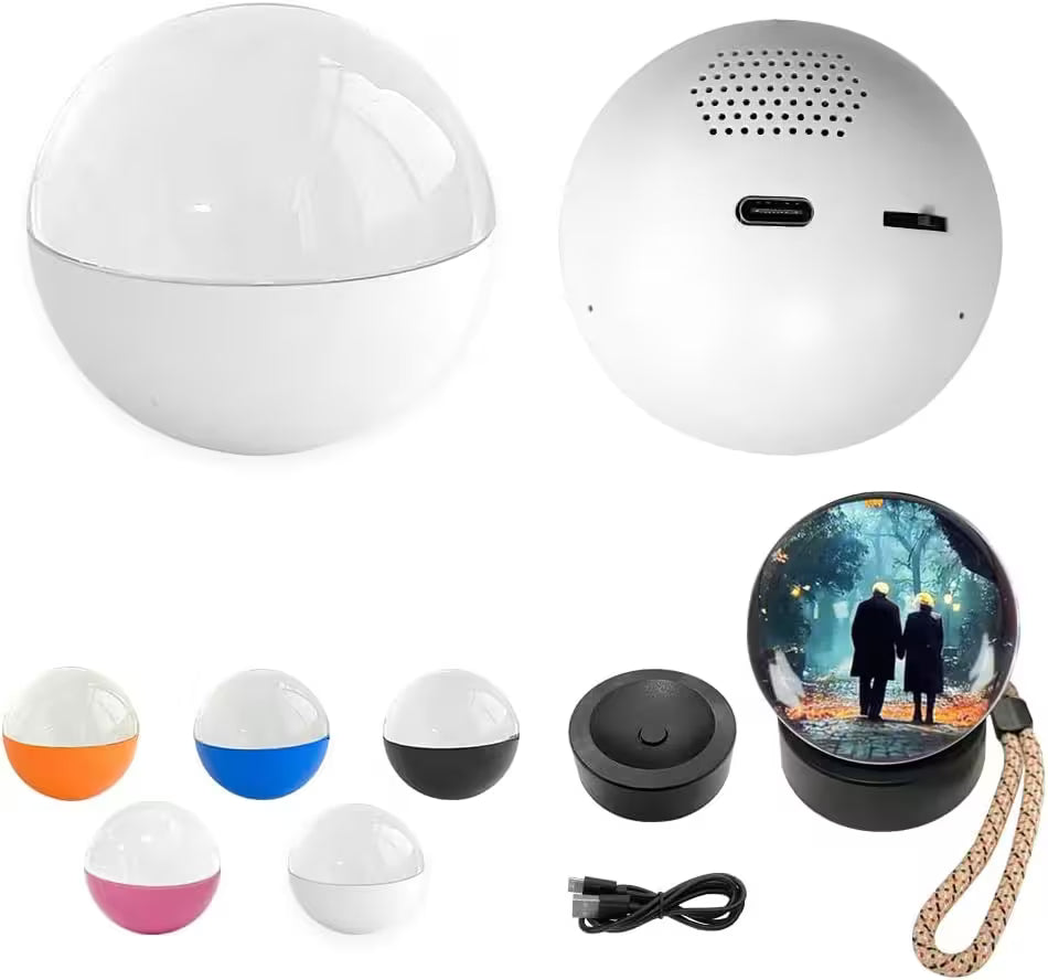 White spherical speaker with colorful variants and a USB cable on a white background