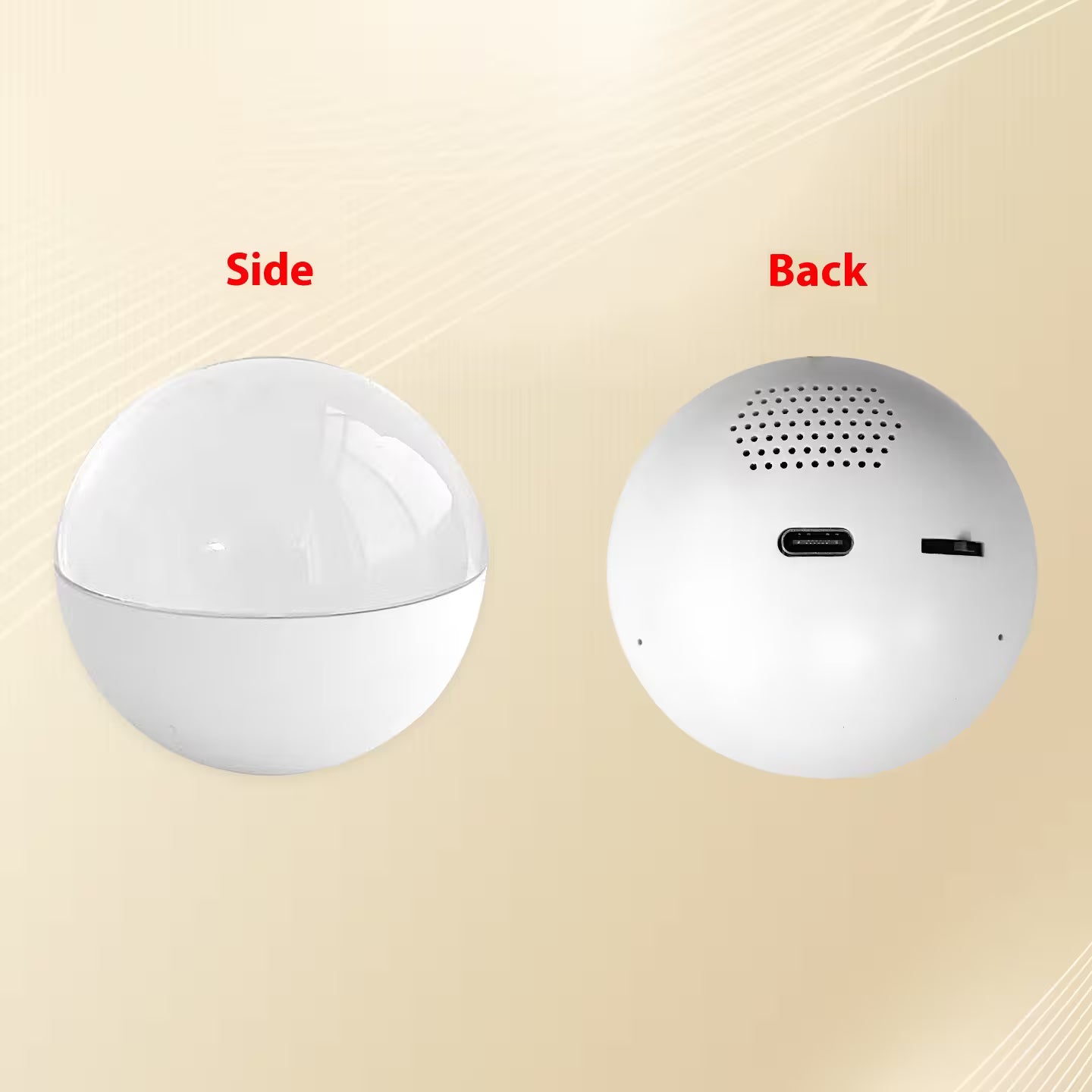 White spherical device shown from the side and back on a beige background