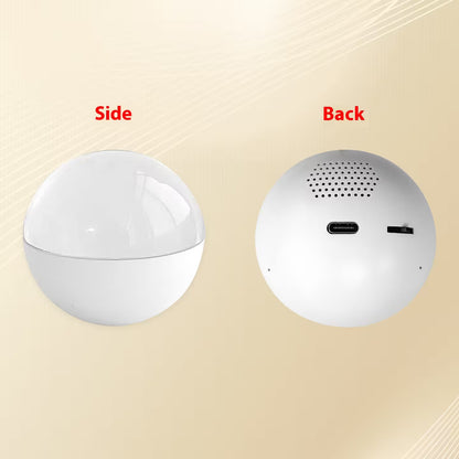 White spherical device shown from the side and back on a beige background
