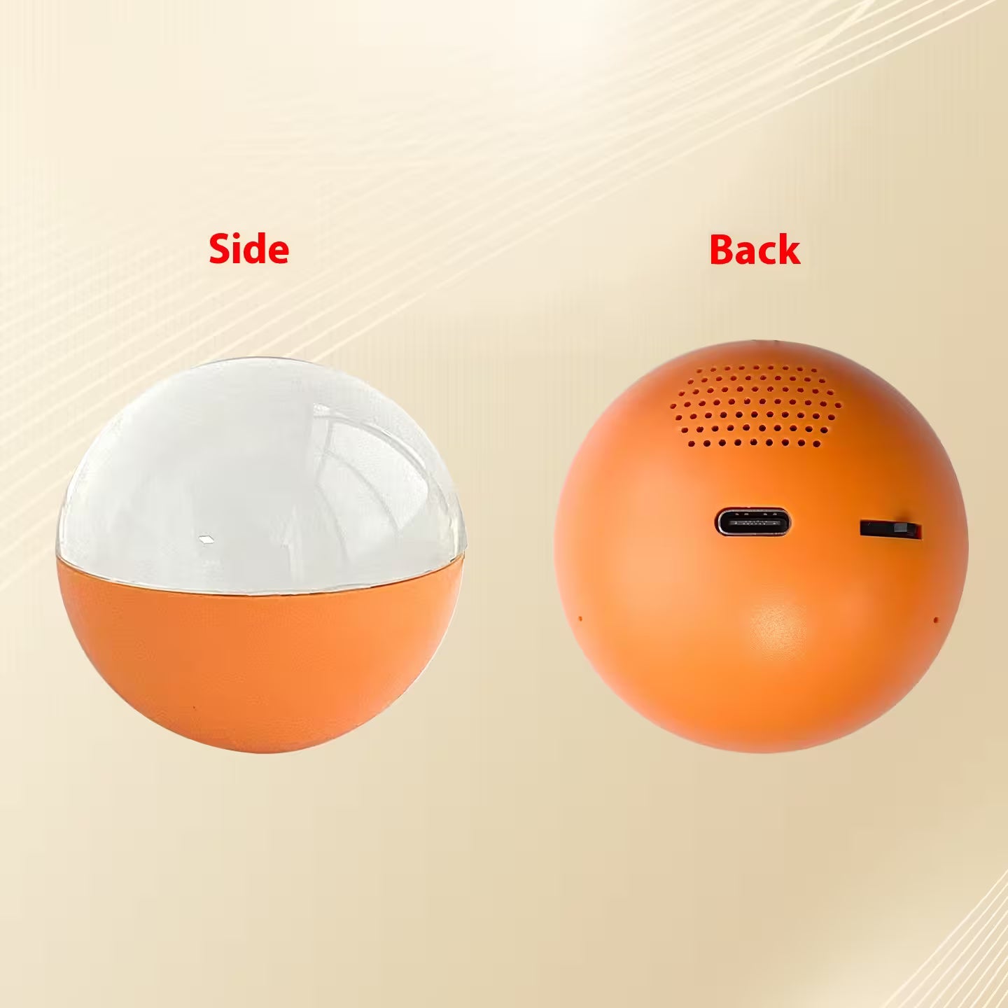 Orange and white spherical object with visible branding on a beige background
