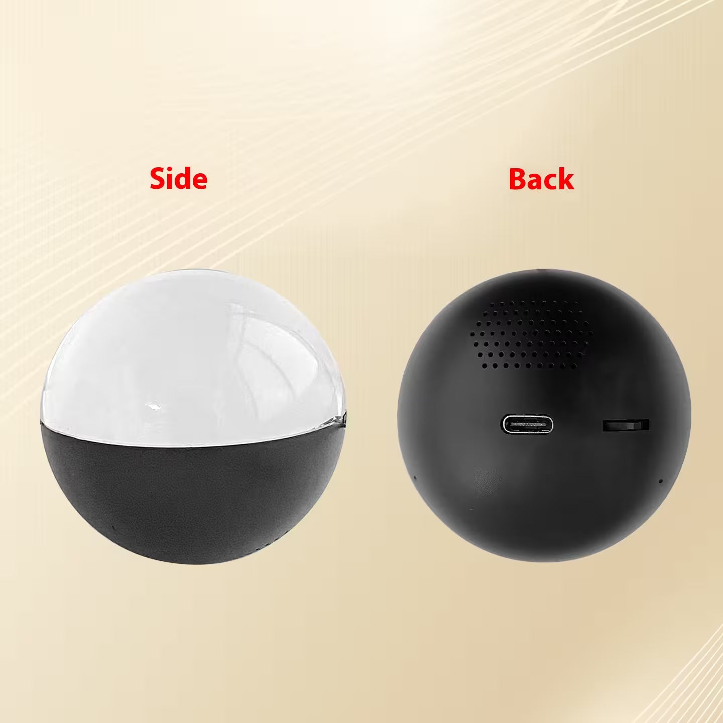 Spherical black and white device showing side and back views on a beige background