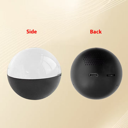 Spherical black and white device showing side and back views on a beige background