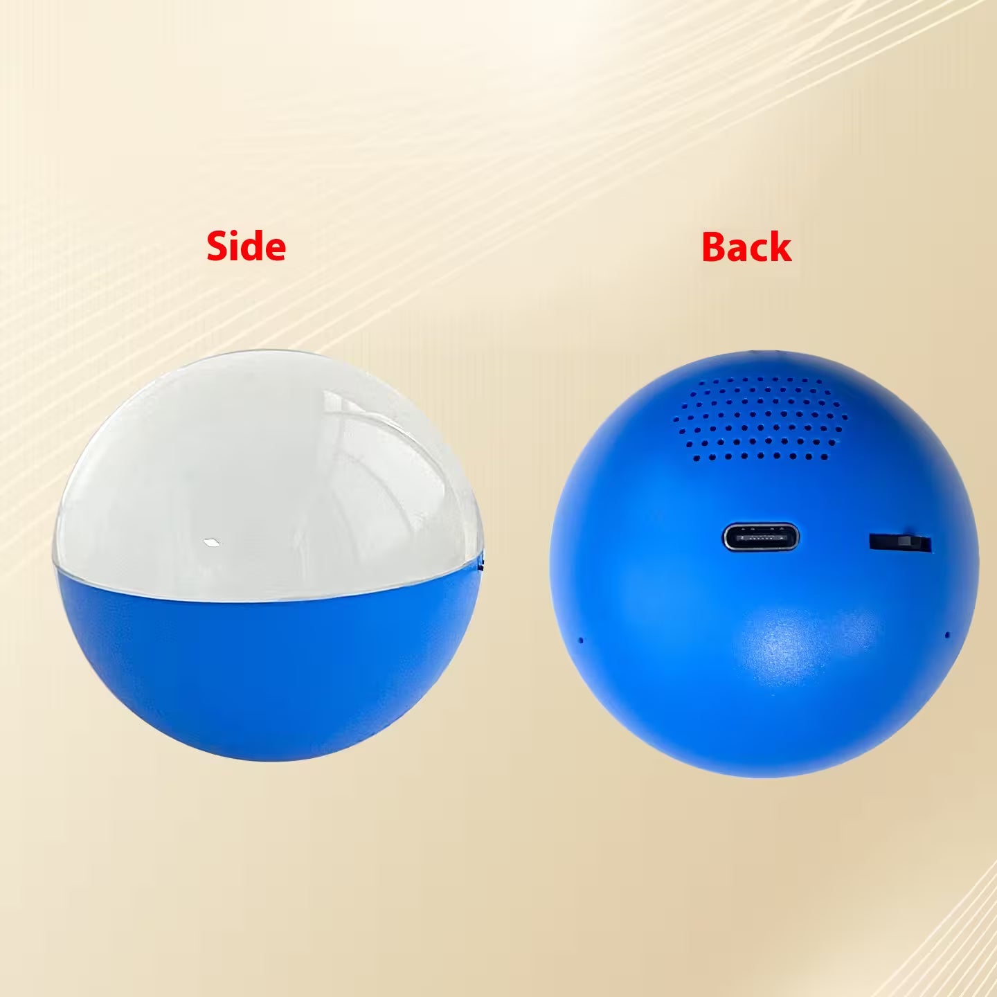 Blue and white spherical object shown from the side and back on a beige background