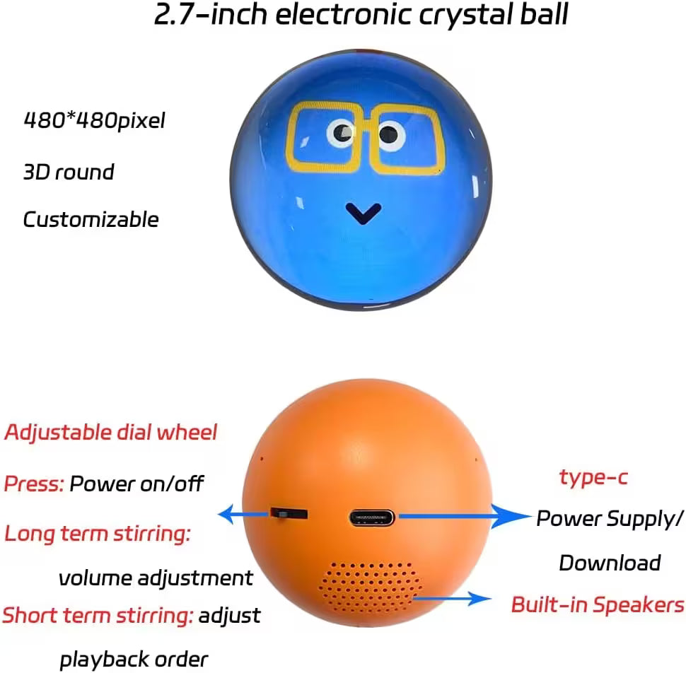 2.7-inch electronic crystal ball with blue and orange colors, labeled features, and specifications.