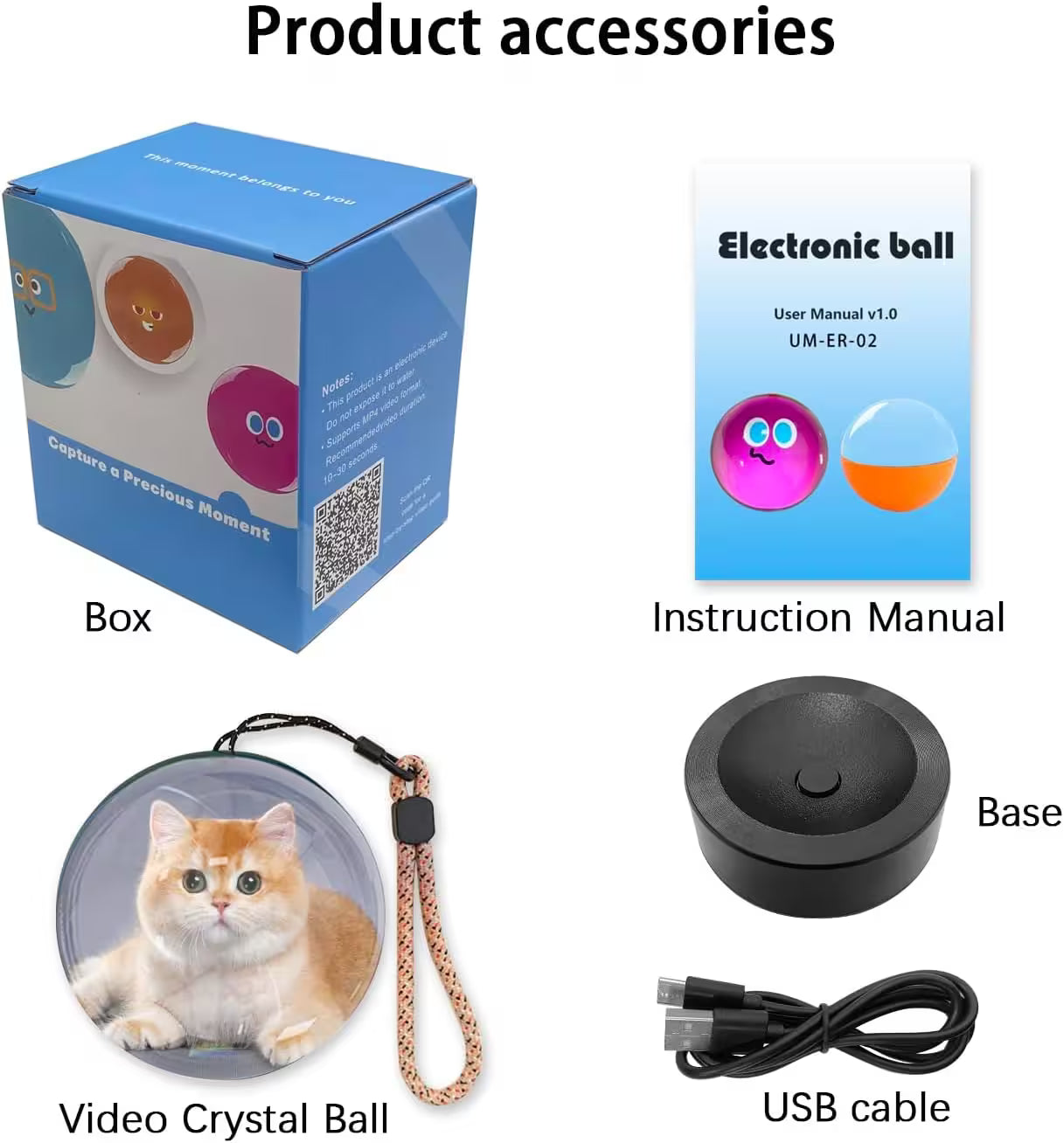 Product accessories including a box, instruction manual, base, video crystal ball, and USB cable.