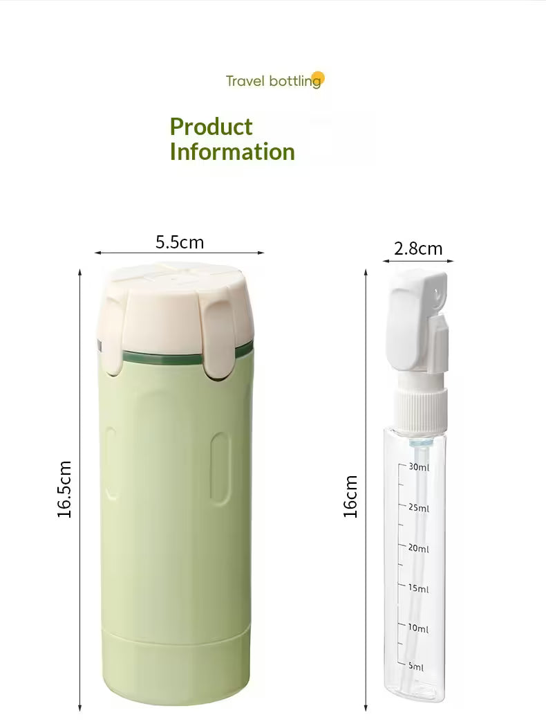 Green travel bottle with measurement details on a white background