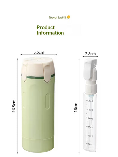 Green travel bottle with measurement details on a white background