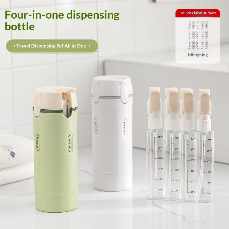 Four-in-one dispensing bottle set with green and white bottles and measurement tubes on a light background.