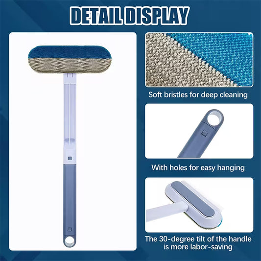 Cleaning tool with soft bristles and handle features on a blue background