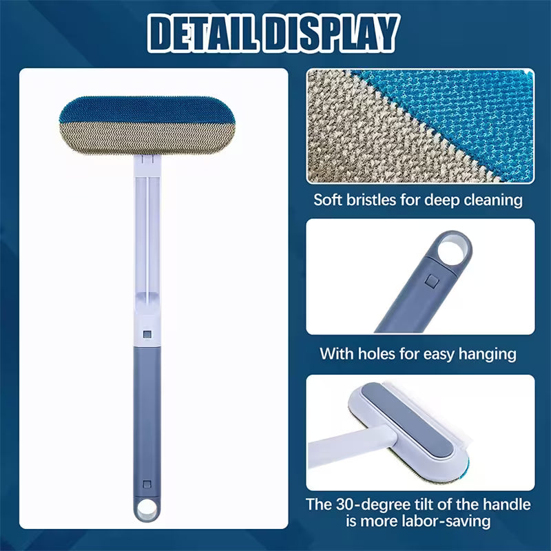Cleaning tool with soft bristles and handle features on a blue background