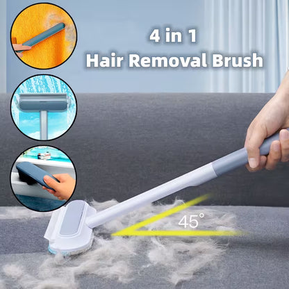 4-in-1 hair removal brush being used on a surface with illustrations of its use on different surfaces.