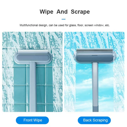 Multifunctional cleaning tool with front wipe and back scrape functions on a tiled wall background.