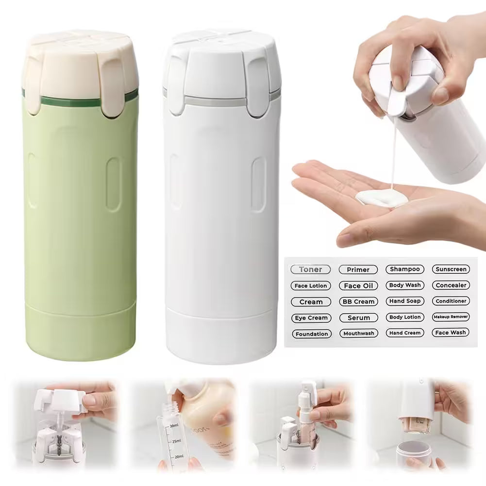 Two travel-sized bottles, one green and one white, with a hand pouring liquid into another container. Below are images of various product categories.