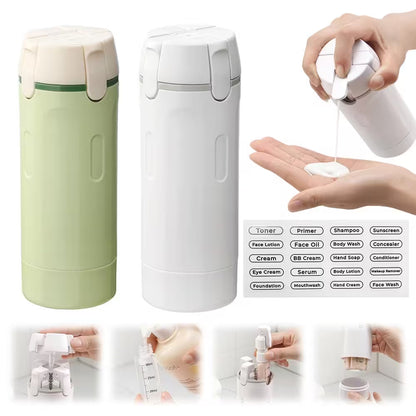 Two travel-sized bottles, one green and one white, with a hand pouring liquid into another container. Below are images of various product categories.