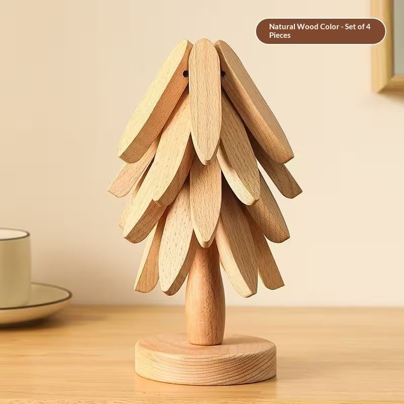 Wooden decorative tree on a wooden surface with a beige background