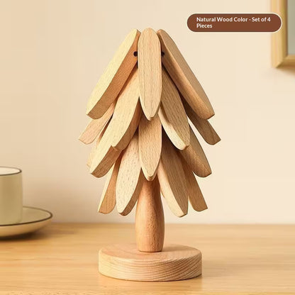 Wooden decorative tree on a wooden surface with a beige background