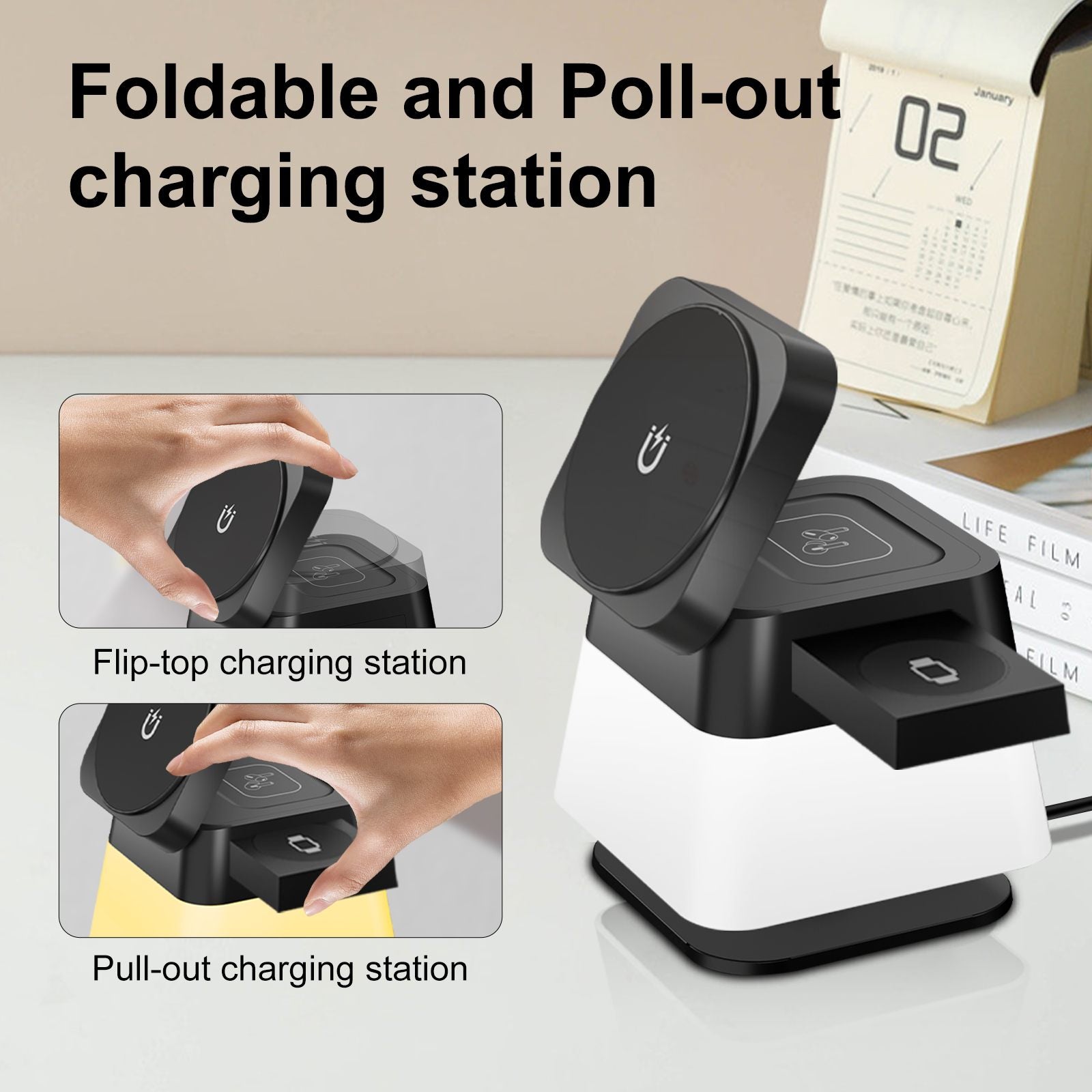 Foldable and pull-out charging station with flip-top feature on a desk.