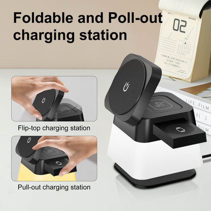Foldable and pull-out charging station with flip-top feature on a desk.