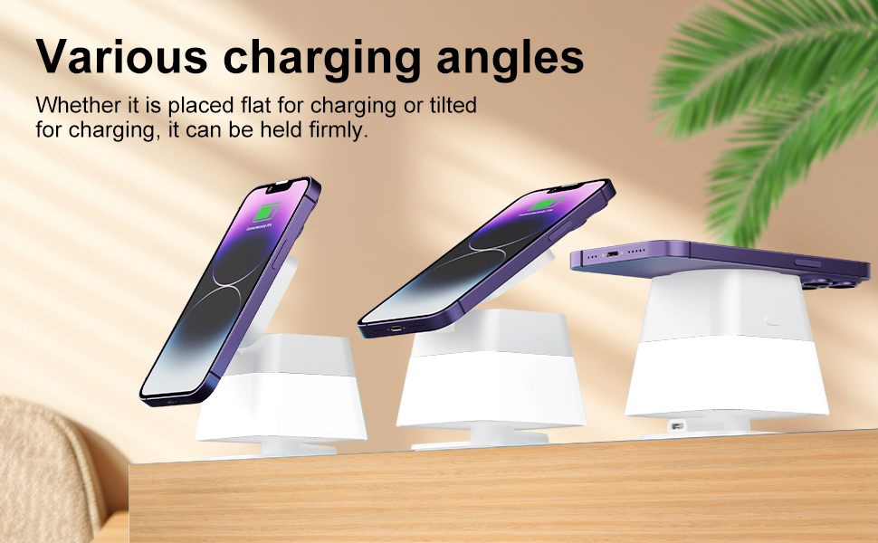 Wireless charging pad with smartphone on a wooden surface, text about charging angles.