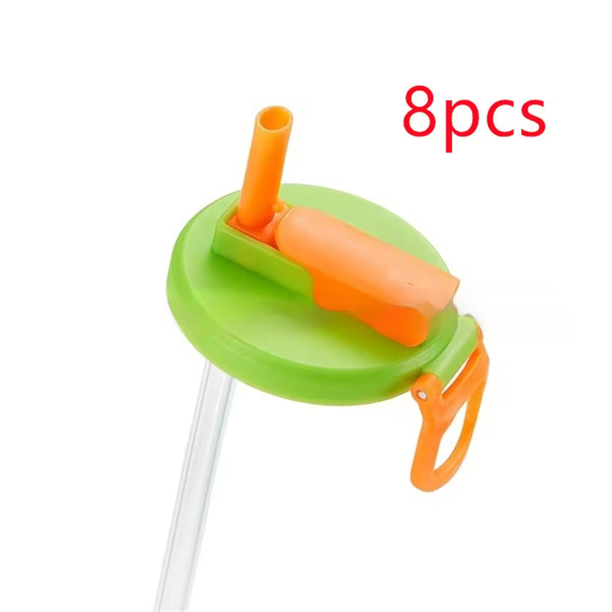 Green and orange lid with straw attachment on a white background, labeled '8pcs'.