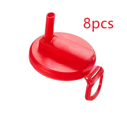 Red plastic funnel with handle on a white background, labeled '8pcs'.