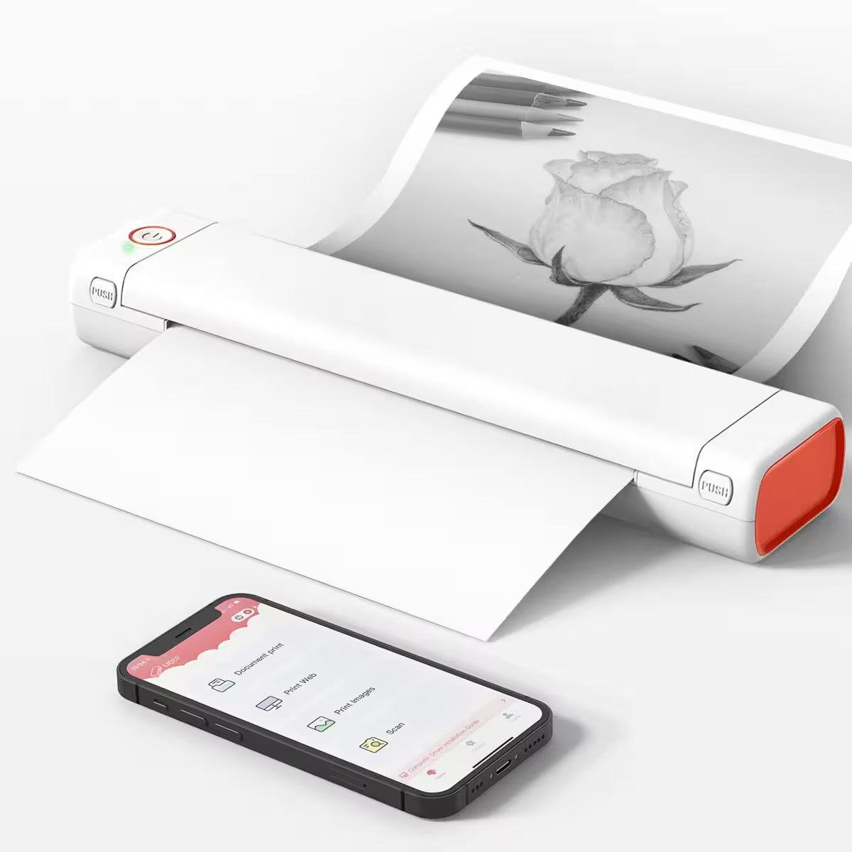 White portable printer with red accents and a smartphone displaying an app interface on a white background.