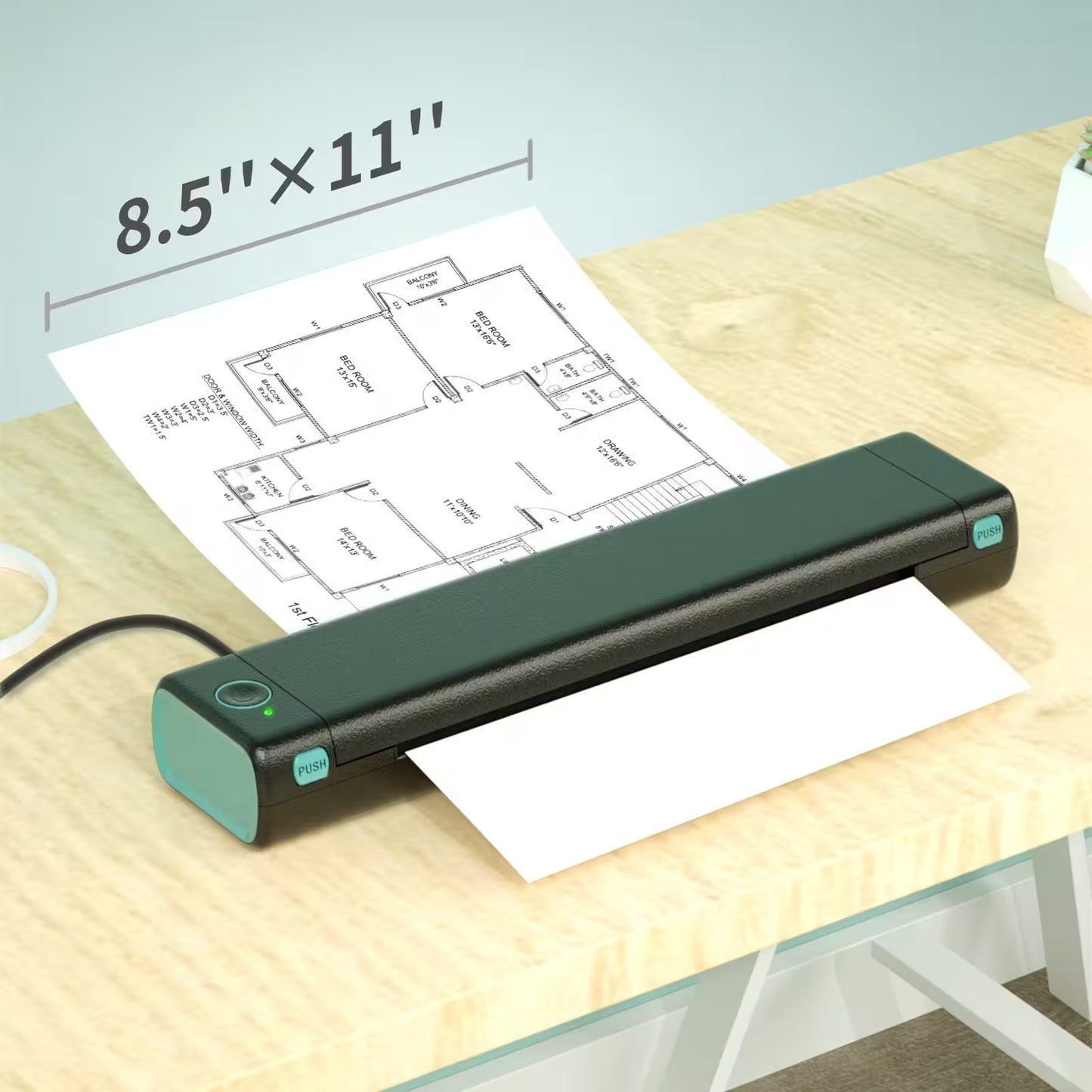 Handheld scanner on a table with a document and measurement label
