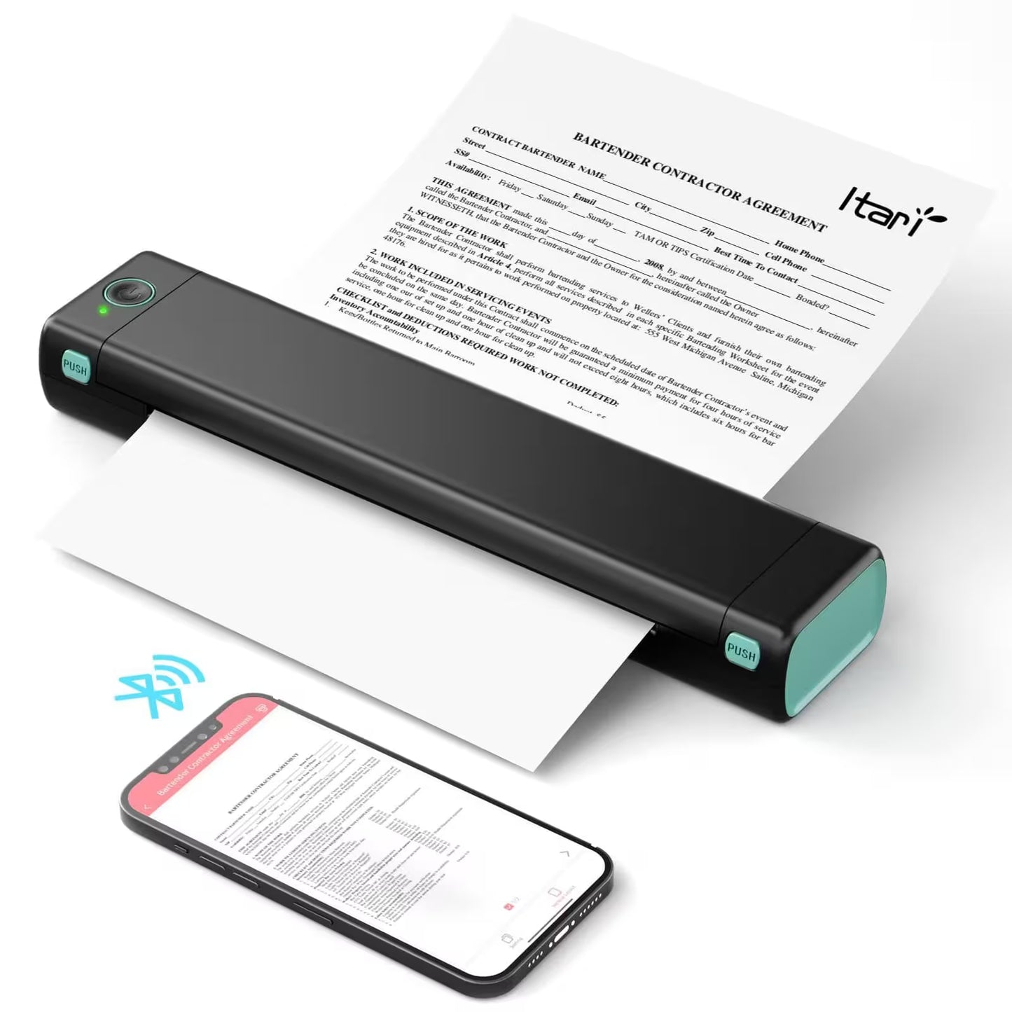 Handheld scanner with a document and smartphone displaying scanned content on a white background