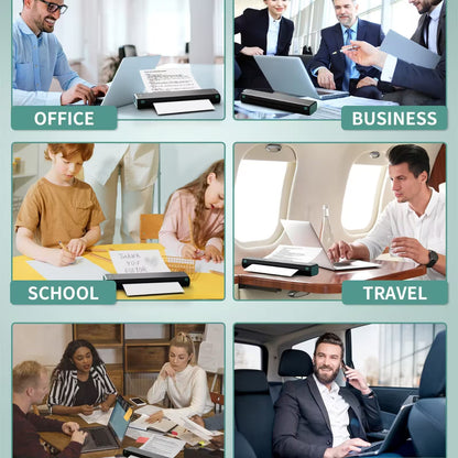 Collage of people using laptops in various settings including office, business, school, and travel.
