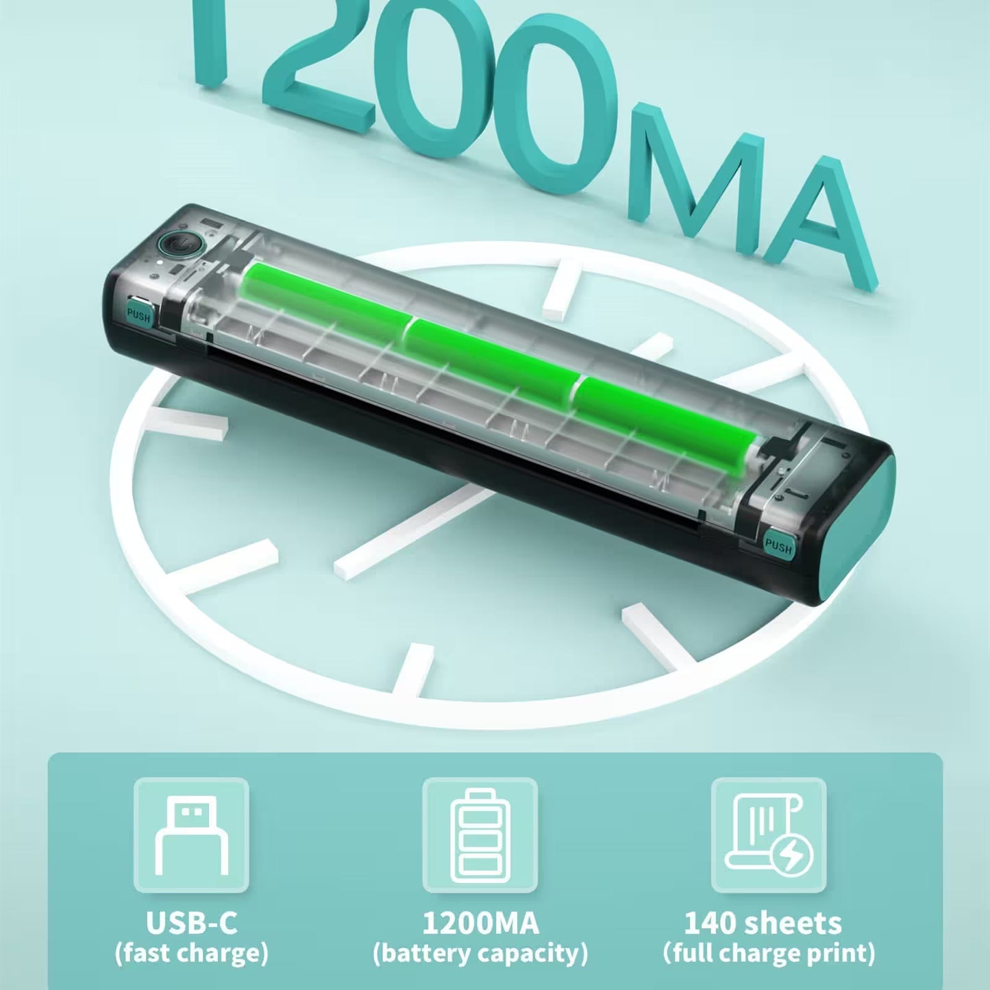 Roller with green ink cartridge on a light blue background with text indicating battery capacity and features.