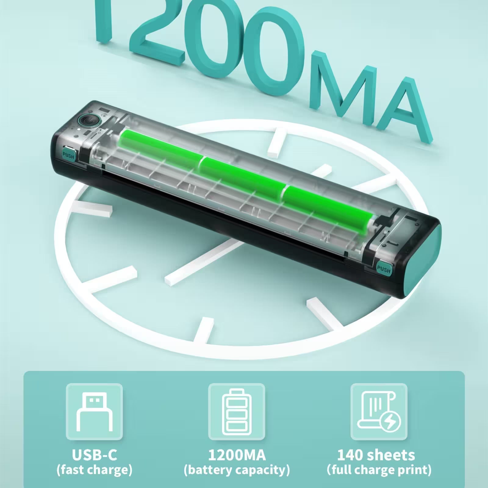 Roller with green ink cartridge on a light blue background with text indicating battery capacity and features.