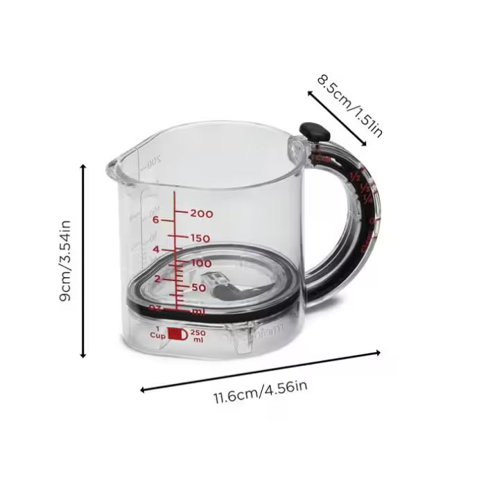 Clear measuring cup with black handle and measurement markings, shown with dimensions on a white background.