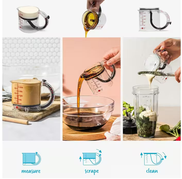 Collage of a measuring cup being used for various purposes with icons indicating 'measure', 'scrape', and 'clean'.